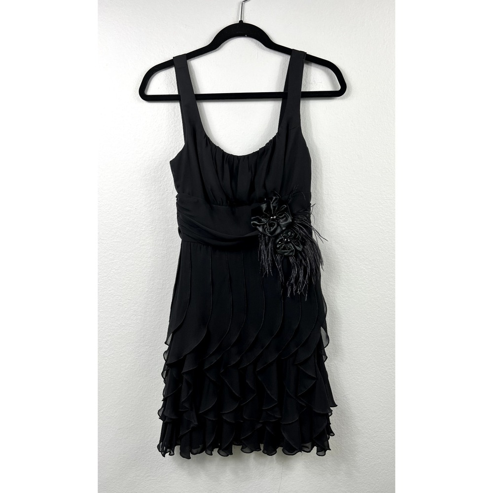 NWT Bisou Bisou By Michele Bohbot Black Ruffled Dress‎ Size 4 Feather Accent